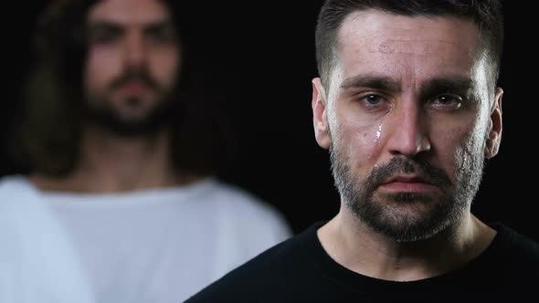 Jesus in Robe Putting Hand on Crying Man Head and Shoulder, Healing From Illness alt