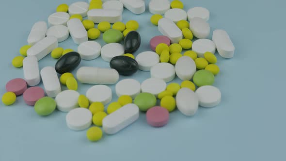 Many Different Spinning Pills and Drugs. Medicine, Pills and Tablets Turning alt