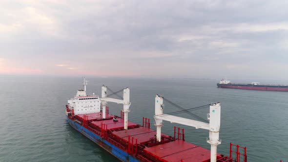 Aerial Footage Tanker Boat Anchoring in Harbor of Lisbon