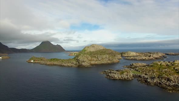 Rocky islets on Lofoten islands in Norway near Mortsund alt