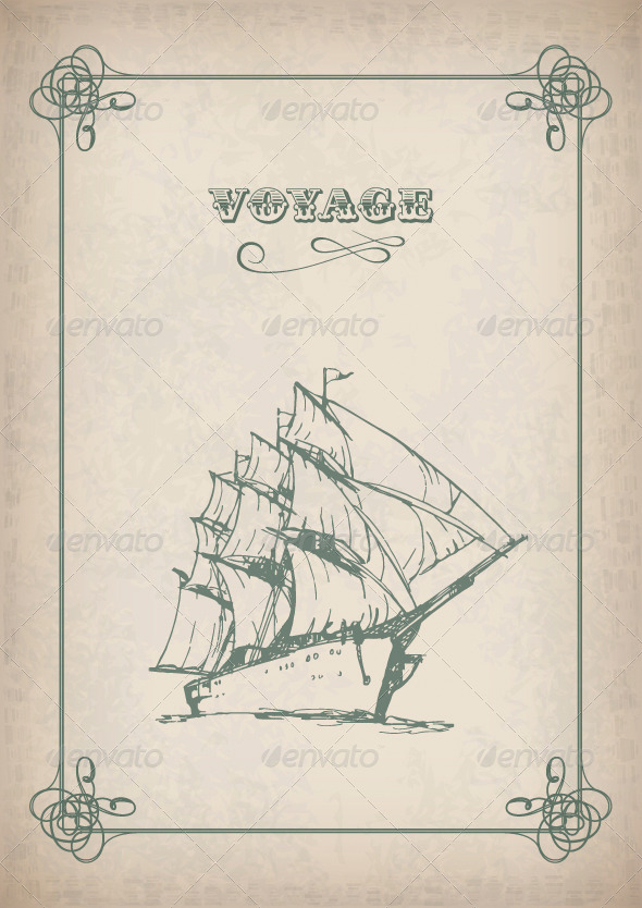 Vintage Sailboat Retro Border Drawing on Old Paper - Travel Conceptual