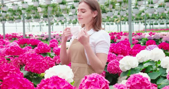 Smiling Woman Sniffing Flowers in Modern Greenhouse alt