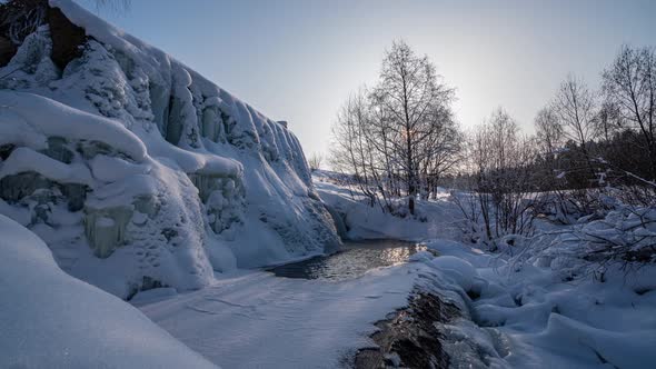 Beautiful Winter Landscape the Movement of the Sun Through a Tree in Winter a Frozen Waterfall Time alt