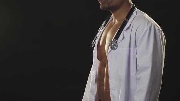 Sexy Naked African Athletic Muscular Man Wearing Labcoat and Stethoscope
