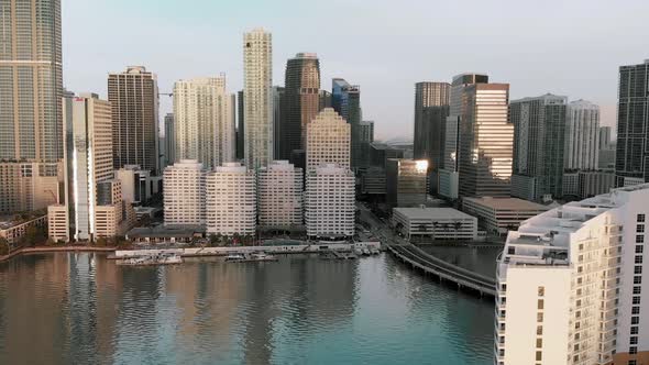 Amazing Downtown Miami Aerial Skyline From Brickell Key on a Sunny Morning Florida in Slow Motion alt