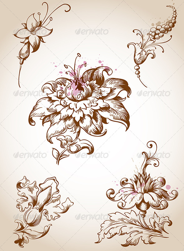 Victorian Foral Design Elements - Flourishes / Swirls Decorative