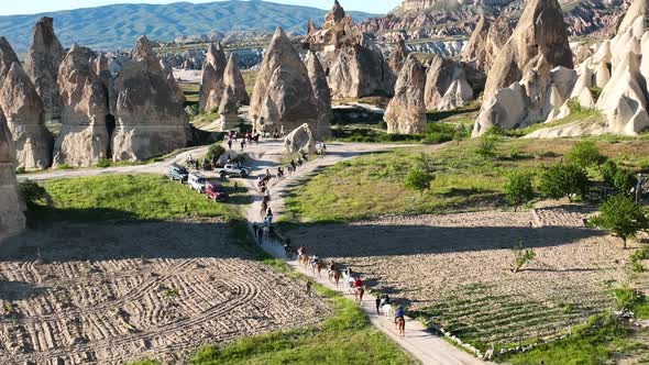 Horseback riding in Cappadocia aerial view 4 K alt