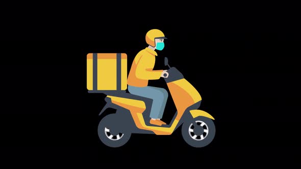 Delivery service footage. Young delivery man in mask riding a Scooter Motorcycle.