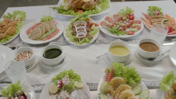 Delicious food on  dinner table with birthday cake with happy birthday text stock video