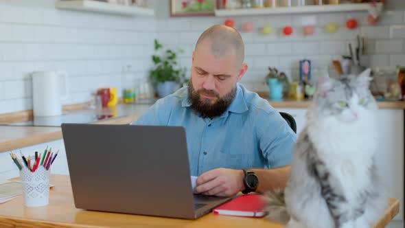 Senior Bearded Man Working or Studying Remotely at Home alt
