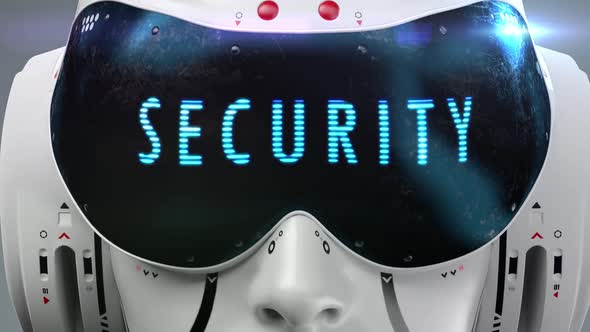 artificial Intelligence. sci fi robot head close-up. the inscription "security" alt