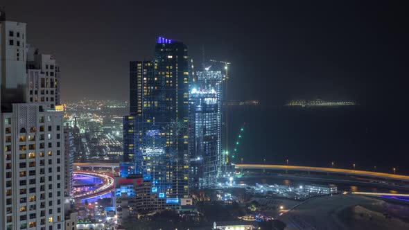 Waterfront Overview Jumeirah Beach Residence JBR Skyline Aerial Night Timelapse alt