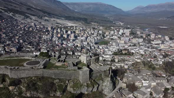 Aerial drone view of Gjirokaster cityscape