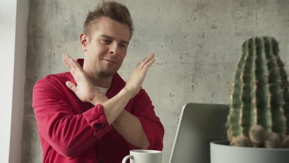 Businessman Sitting at Desk Looking at Computer Screen Talking with Friend Make Informal Video Chat alt