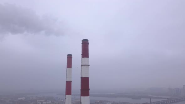 Smoke Comes From the Chimney. Aerial. Air Pollution. Ecology. Kyiv. Ukraine. alt