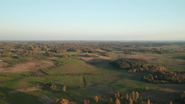 AERIAL: Vast Green Fields and Forest with Golden Blue Sky Over Horizon