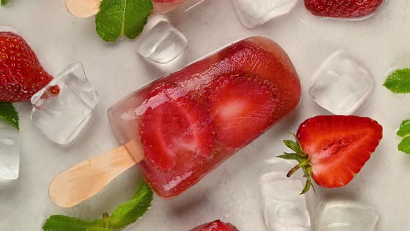 Fruit ice cream popsicles with fresh strawberry, green mint leaves and ice cubes rotating