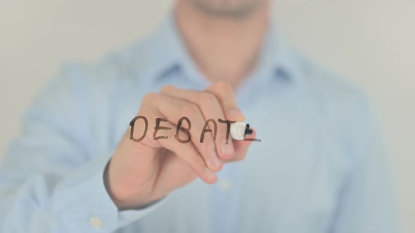Debate, Man Writing on Transparent Screen alt