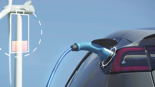ZOOM OUT, ANIMATED ENHANCED - A generic electric car charges from wind turbine alt
