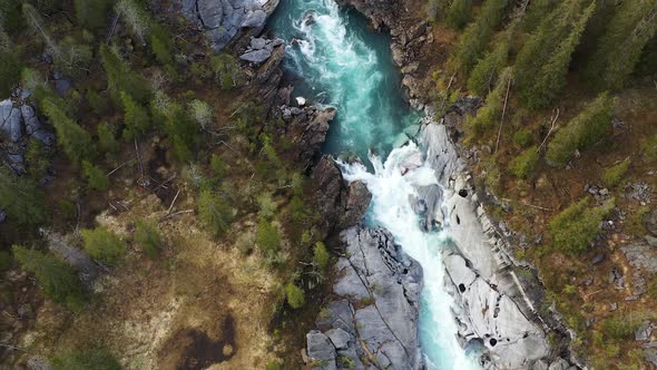 Drone Flight above mountain river Glomaga, Marmorslottet, Mo i Rana,Norway