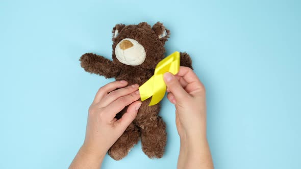 Female hands hold a small teddy bear with a yellow ribbon  alt