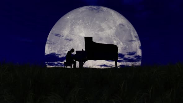 Silhouette Of A Man Playing Piano With The Huge Moon 