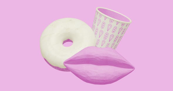 Minimal motion design. 3d creative glazed donuts, lips and plastic cup