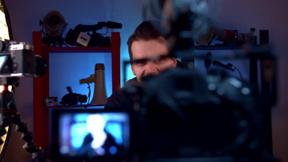 Blogger in Video Studio Speaks in One Camera Recording Shows for Internet