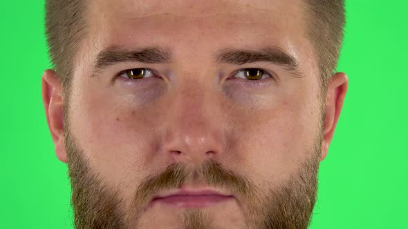 Man Looks and Smiles at Camera. Close Up alt