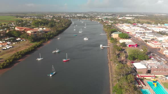 Aerial drone view of center of Bundaberg, Queensland, Australia alt
