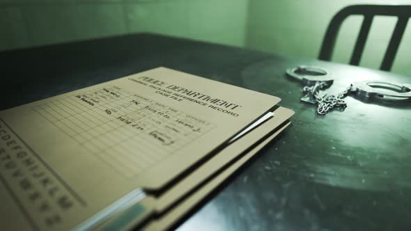Animation of the empty dark interrogation room with handcuffs and case files. alt