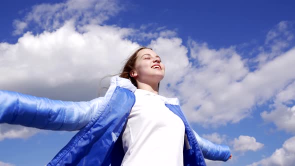 Happy Kid in Autumn Jacket Enjoy the Sun on Sky Background Lifestyle alt
