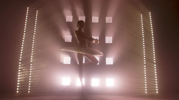 Diligent Young Graceful Ballerina Dancing Elements of Classical Ballet in the Dark with Light and alt