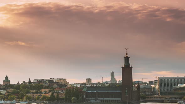 Stockholm, Sweden. Scenic Skyline View Of Famous Tower Of Stockholm City Hall. Building Of Municipal alt