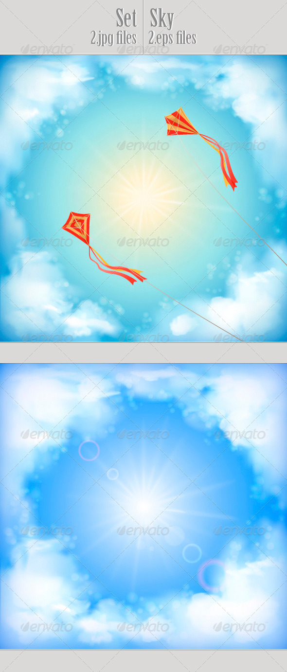 Sky Vector Design, White Clouds, Sun, Flying Kites - Landscapes Nature