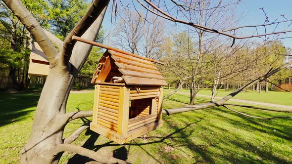 Closeup of a Birdhouse in the Park on a Clear Sunny Spring Day Lush Green Grass in the Meadows alt