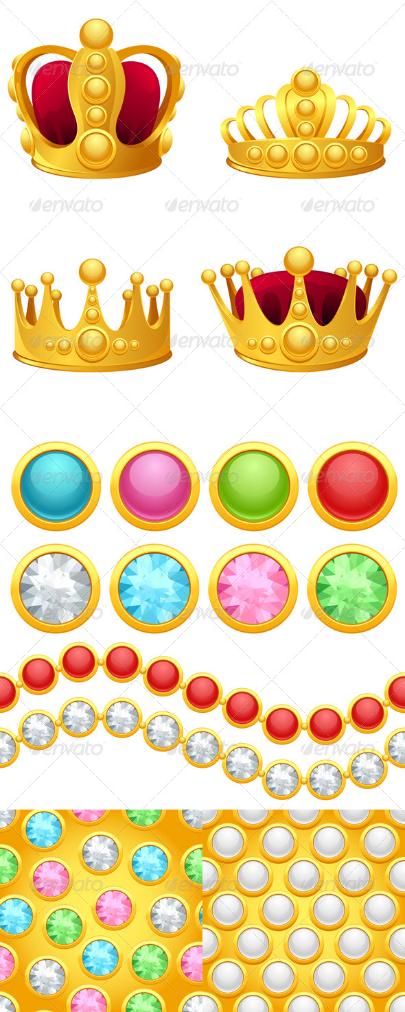 Set of Gold Crowns, Jewelry Buttons and Patterns. - Decorative Symbols Decorative