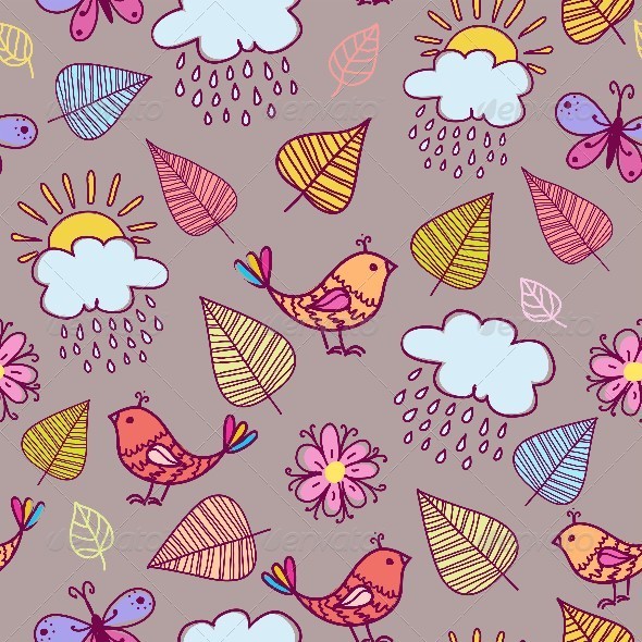 Seamless Texture with Birds and Flowers. - Patterns Decorative