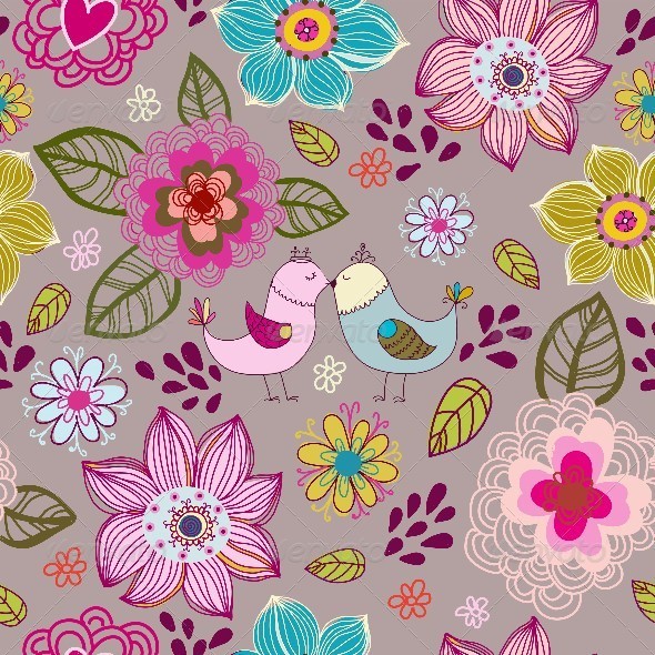 Seamless Texture with Flowers and Birds. - Patterns Decorative