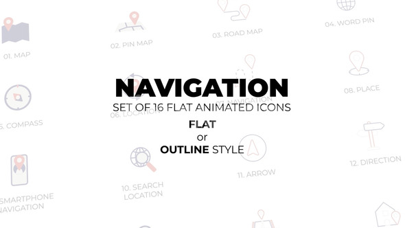 Navigation - Set of 16 Animated Icons Flat or Outline style Elements template preview