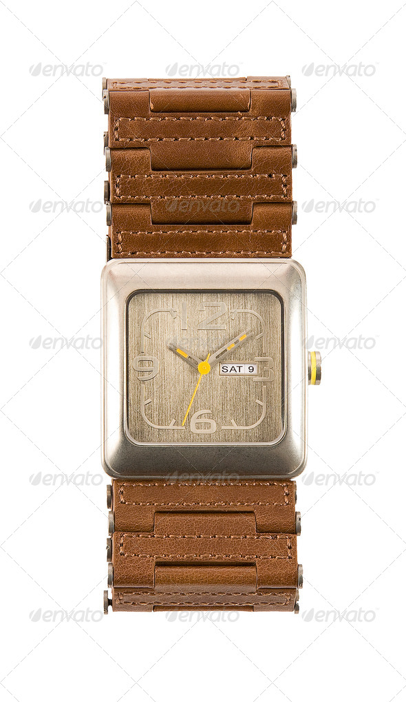 Brown leather links strap watch - Stock Photo - Images