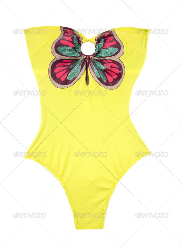 Yellow swimsuit with big glitter butterfly - Stock Photo - Images