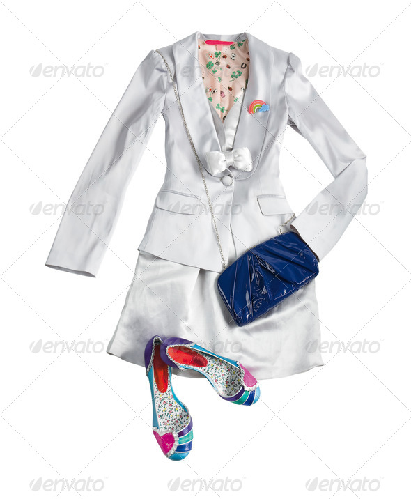 White tuxedo jacket and vest with skirt styling fashion composit - Stock Photo - Images