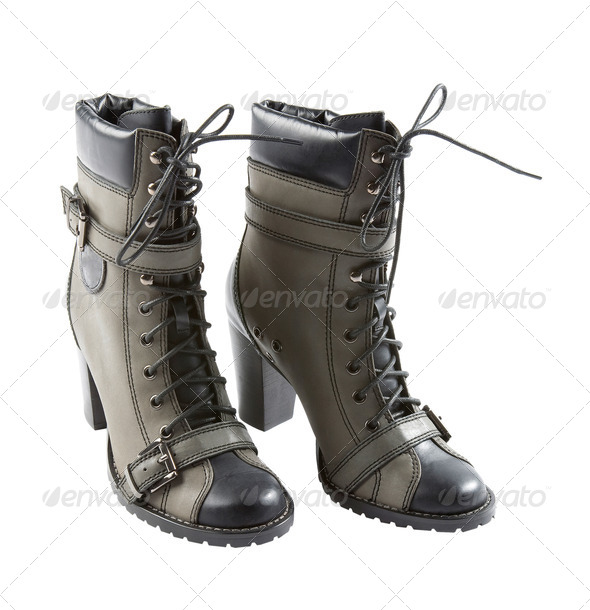 lace-up strapped sportive high heels leather boots - Stock Photo - Images