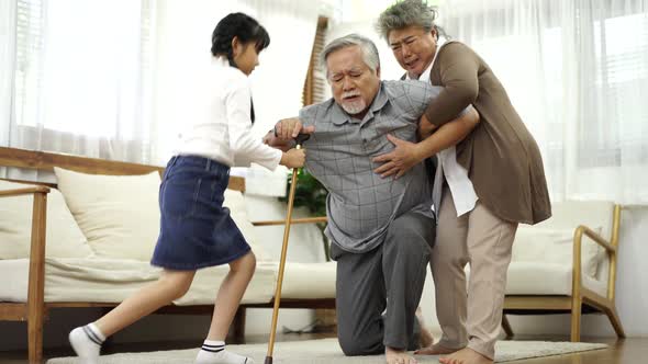 Asian Elderly senior sick man falling on floor after start walking with walker for therapy in house. alt