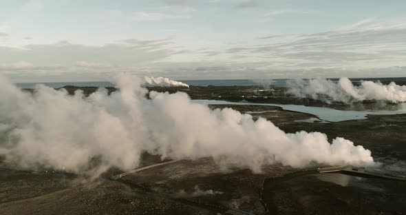 Aerial View of Gunnuhver Hot Springs and Geothermal Power Plants in Iceland alt