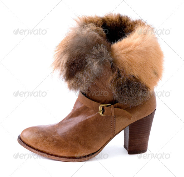 Leather wood and fur elegant bootie - Stock Photo - Images