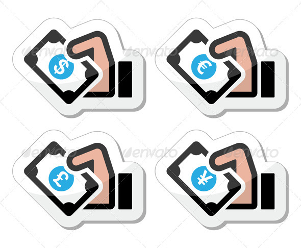Hand with Money Icon - Dollar, Euro, Yen, Pound - Retail Commercial / Shopping