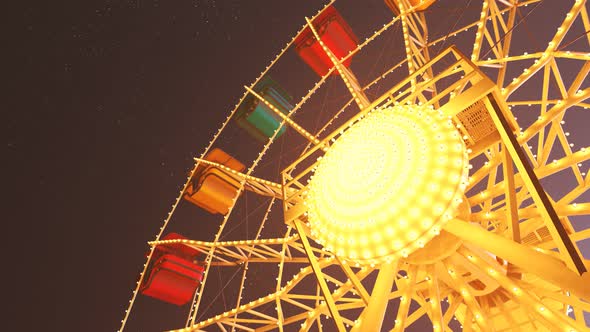Fun Ferris wheel amusement ride, loopable carousel attraction. Night lights. 4K