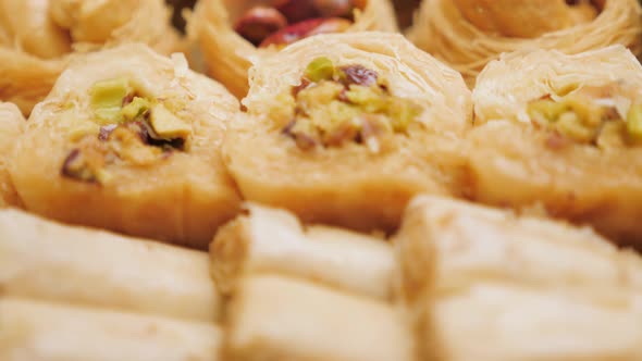 Sweet Food Industry. Tasty Sweet Baklava. Turkish Ramadan Dessert Baklava Presented. Sweet Food alt